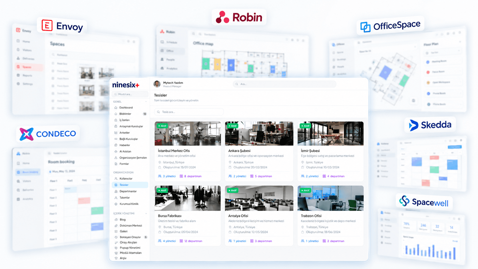 Rakip tesis yönetimi platformları arasında ninesix+ Tesisler ekranı